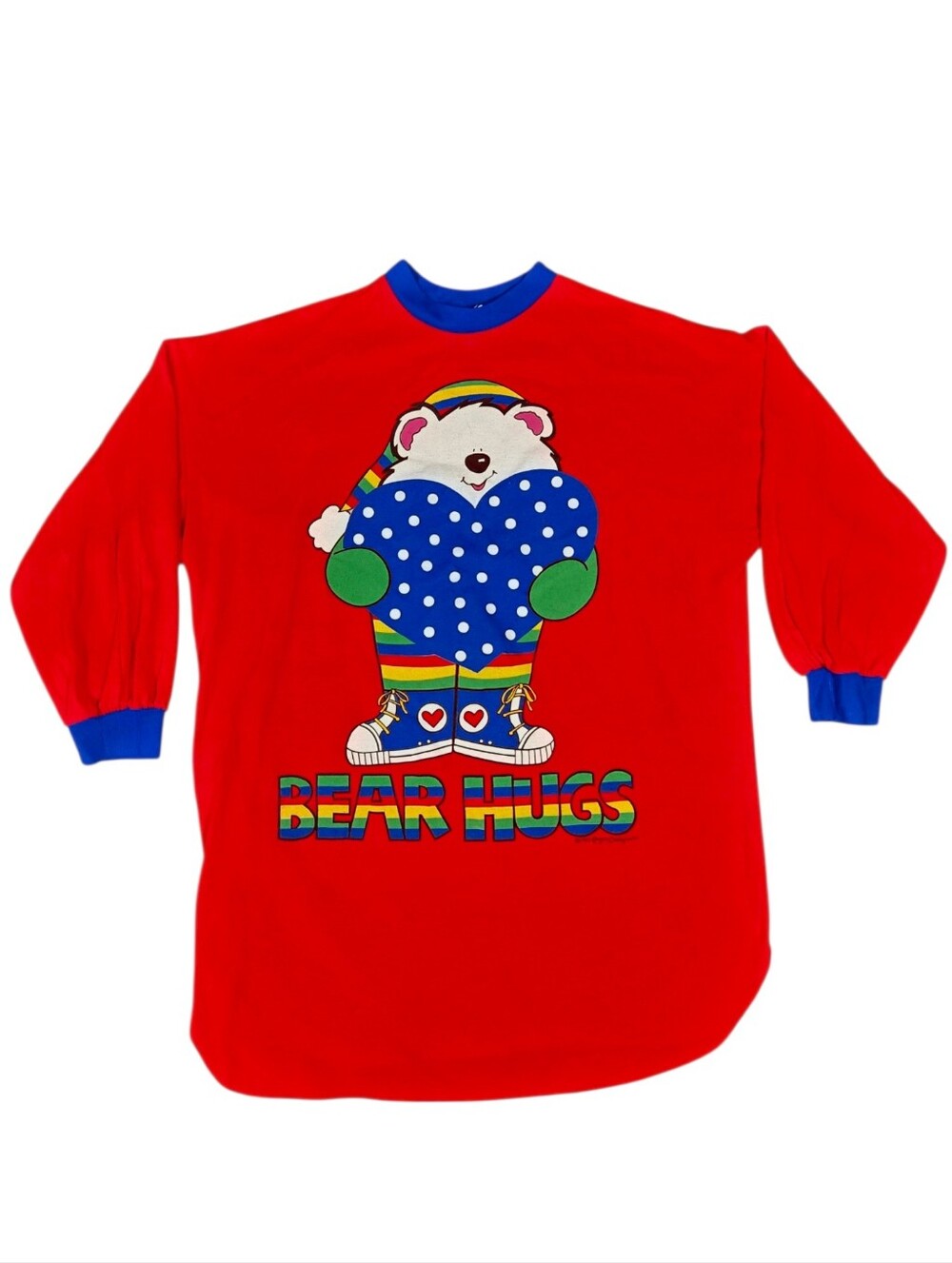 90s Bear Hugs Pajama Sleep Shirt Red USA Ringer Rainbow Kaycee Designs One Size